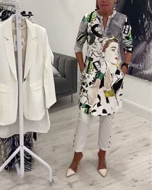 Haut long décontracté à boutons imprimés