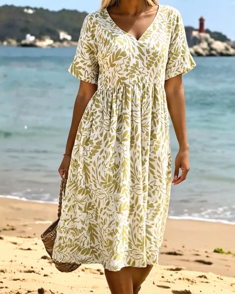 Robe Vert Feuille Imprimé Col V
