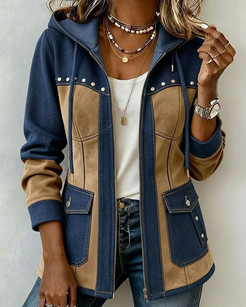 Manteau À Capuche Fermeture Éclair Denim Patchwork