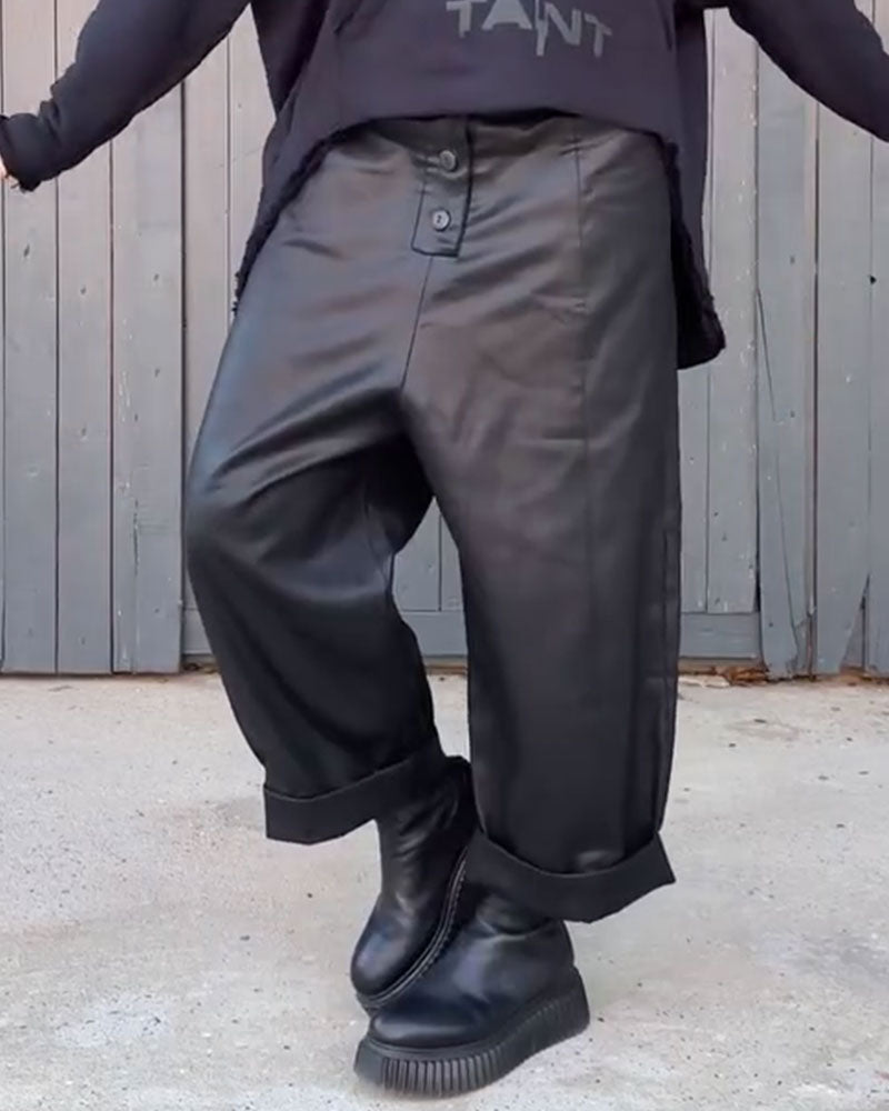 Pantalon Taille Haute Jambe Large Ourlet Roulé