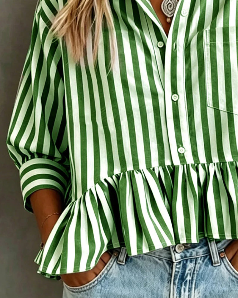 Blouse Décontractée Rayée À Volants