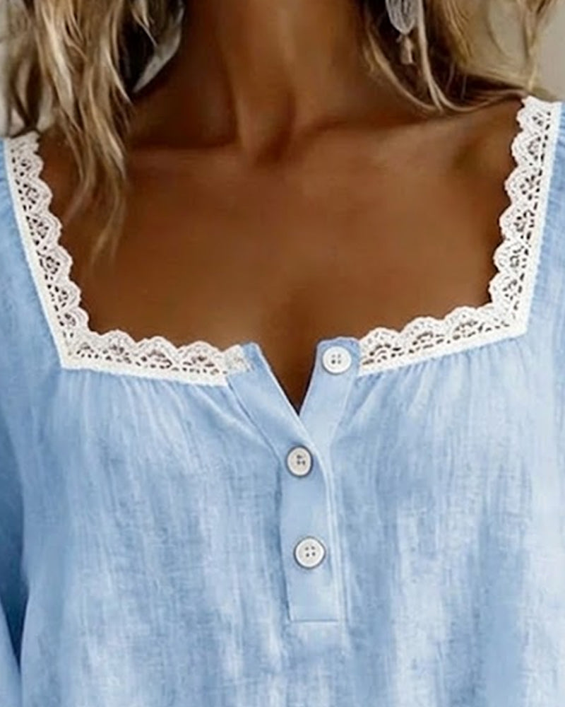 Blouse À Col Carré En Dentelle Manches Bouffantes