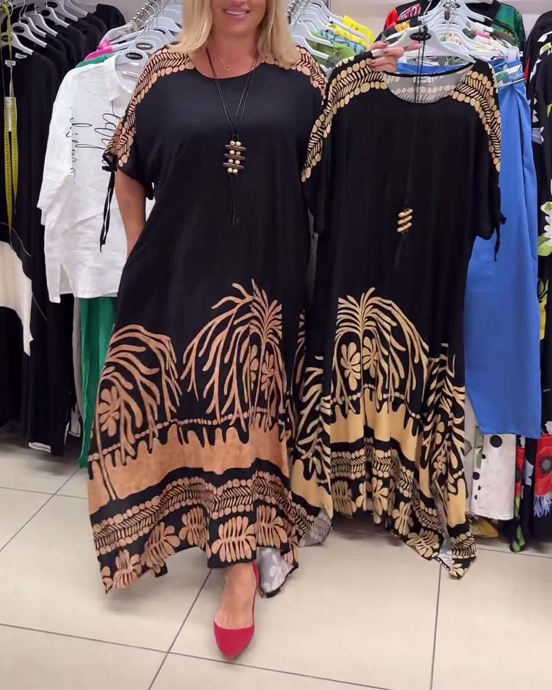 Robe ample imprimée à lacets, col rond, manches courtes