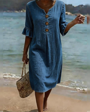 Robe Lotus Feuille Manches Jeans