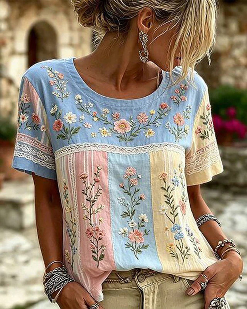 Chemisier Col Rond Patchwork Floral