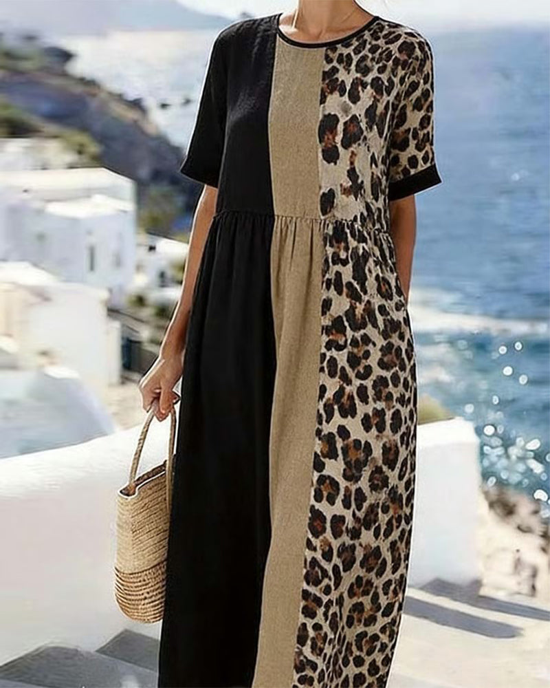 Robe Imprimé Léopard Patchwork Manches Courtes