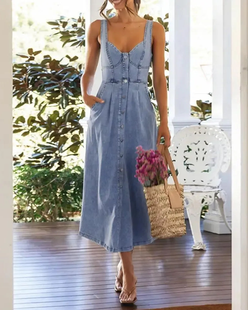 Robe Bretelle Spaghetti Bouton Taille Cintrée Denim