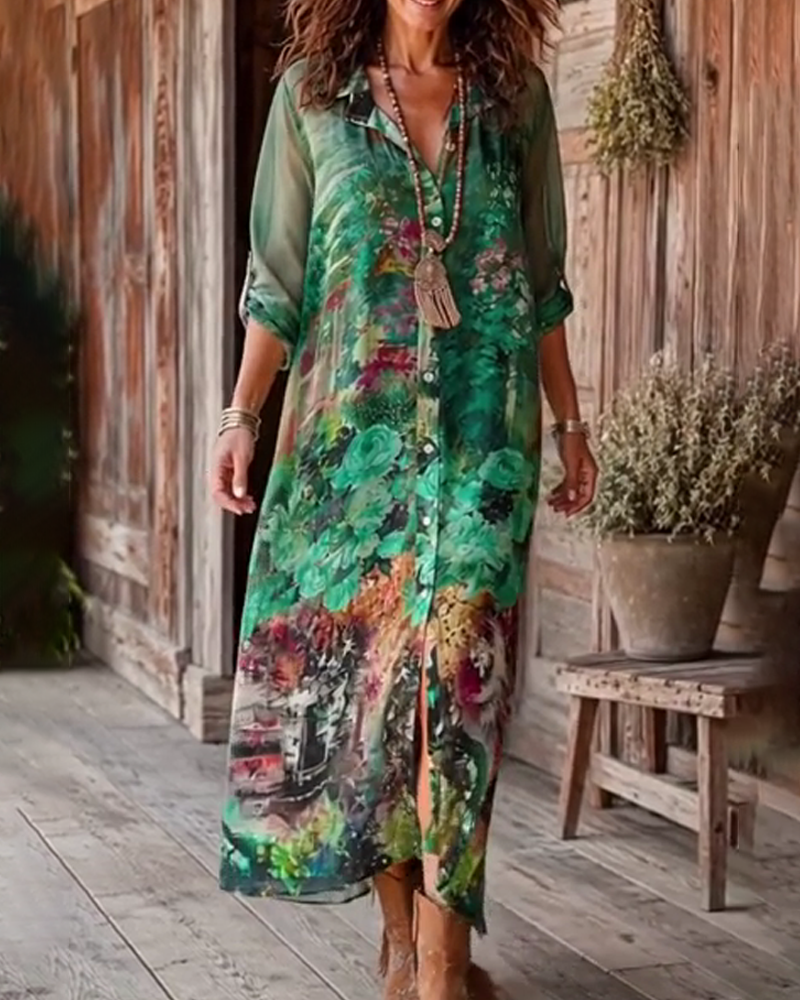 Robe Col Chemise Fente Florale
