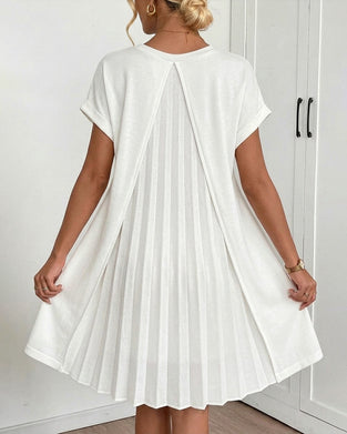 Robe Plissée Manches Courtes Col V