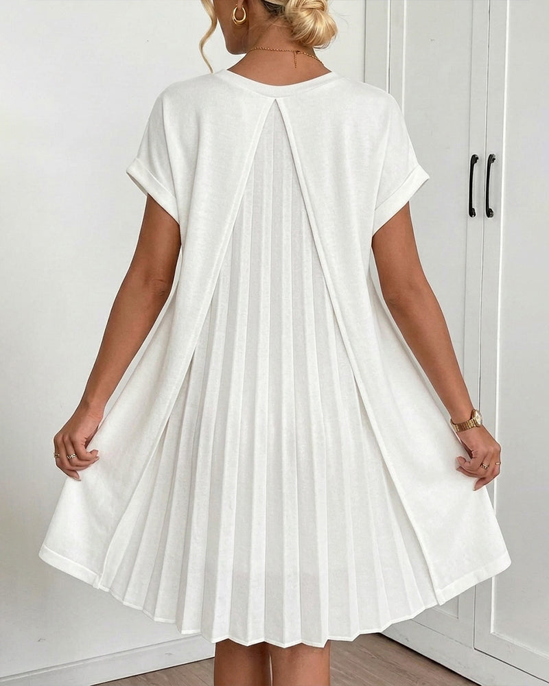 Robe Plissée Manches Courtes Col V