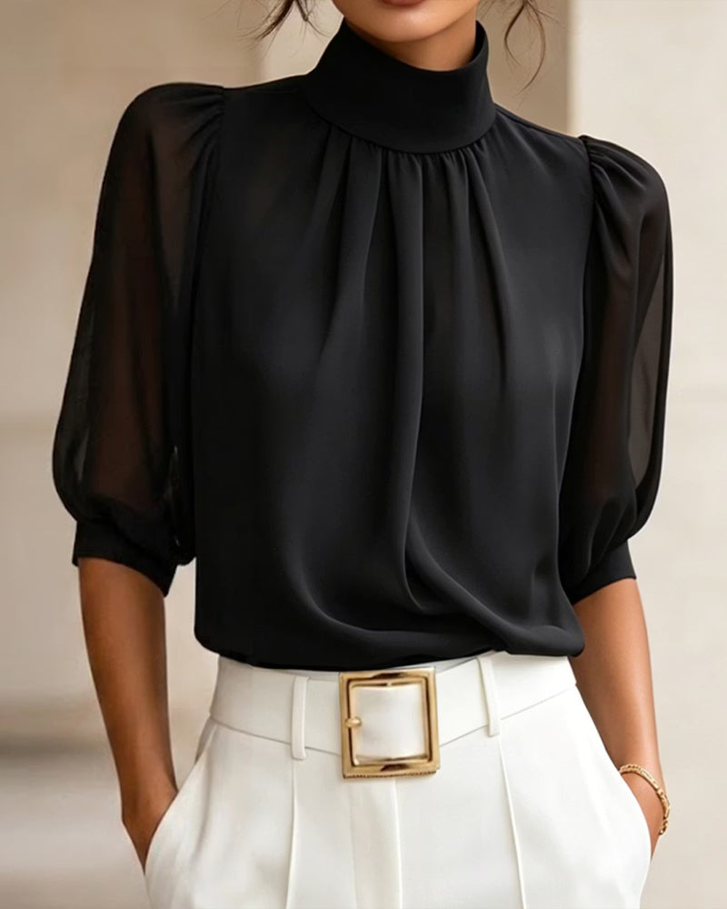 Blouse Col Haut Manches Ballon Coude Mousseline