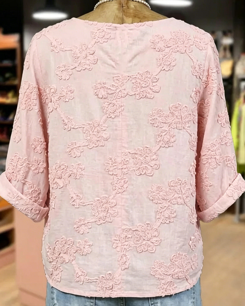 Blouse 100% Coton Col En V Imprimé Fleur Manche 3/4