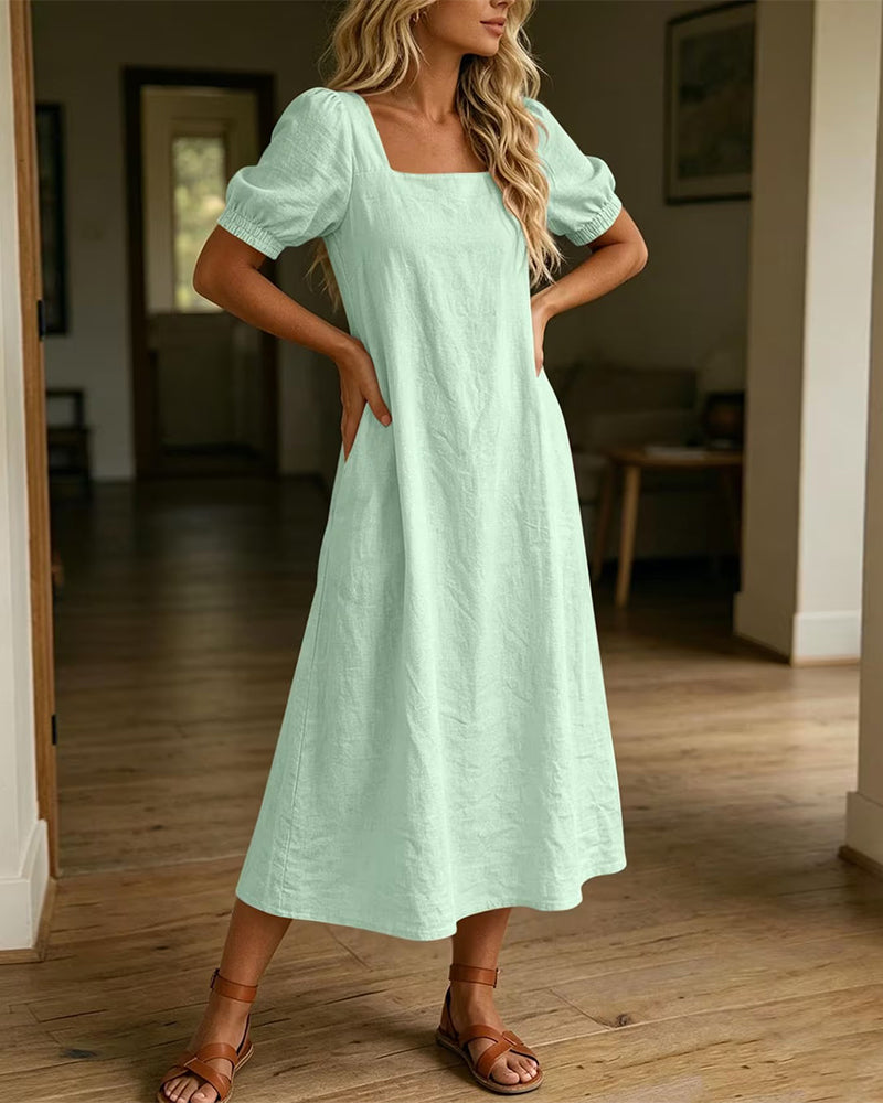 Robe Col Carré Manche Bouffante Poche