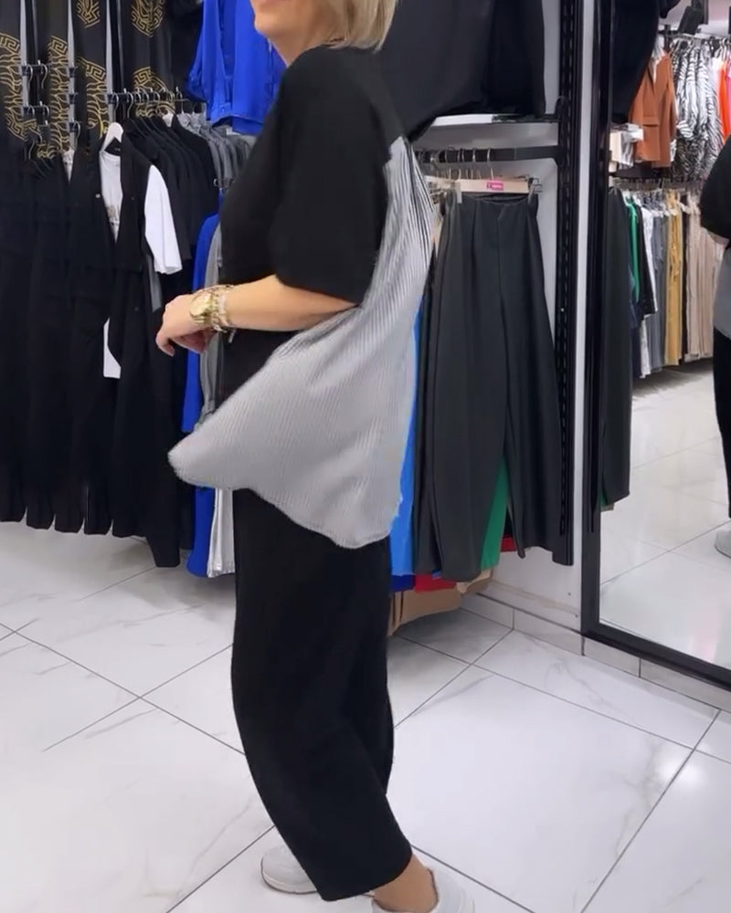 Blouse décontractée patchwork à fines rayures