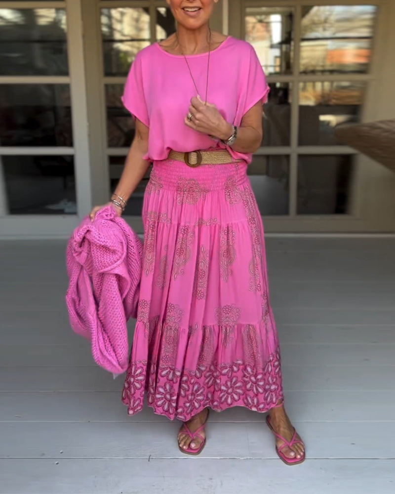 Jupe à empiècements fleuris et plis