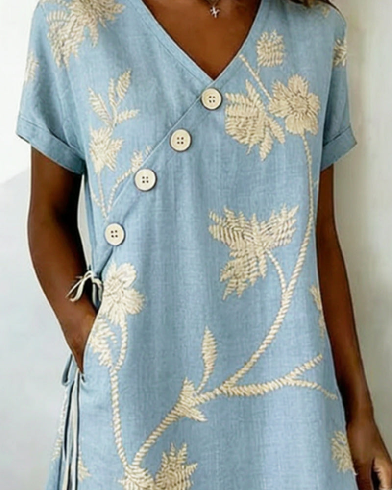 Robe Bouton Diagonal Imprimé Col V Mini