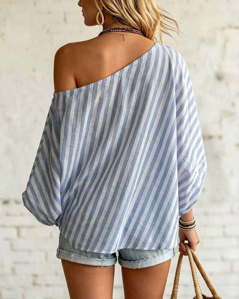 Blouse Col Asymétrique Rayure Manches Ballon