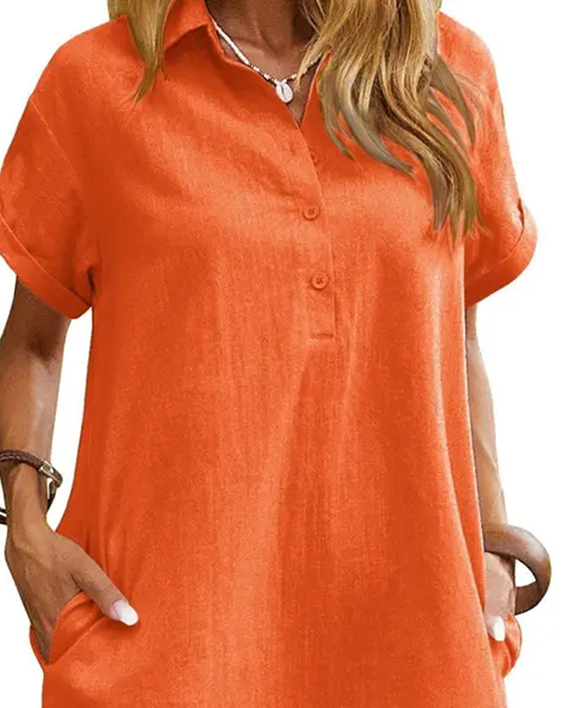 Robe Col Bouton Fente Manches Courtes Décontractée