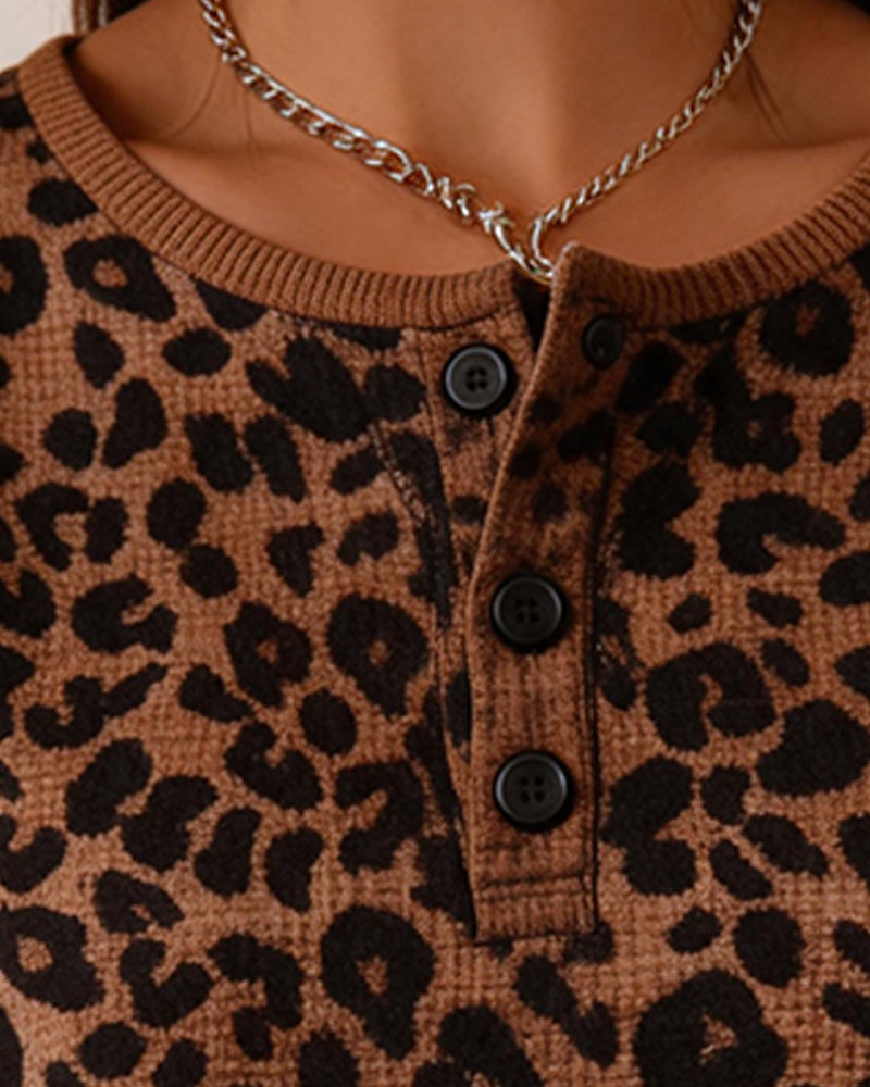 Haut Col Henley Léopard Imprimé Gaufrier