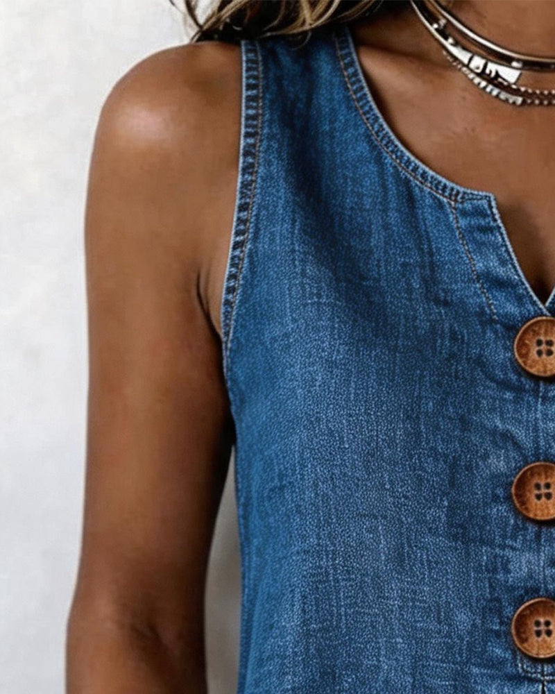 Chemisier Denim Sans Manches Boutonnage