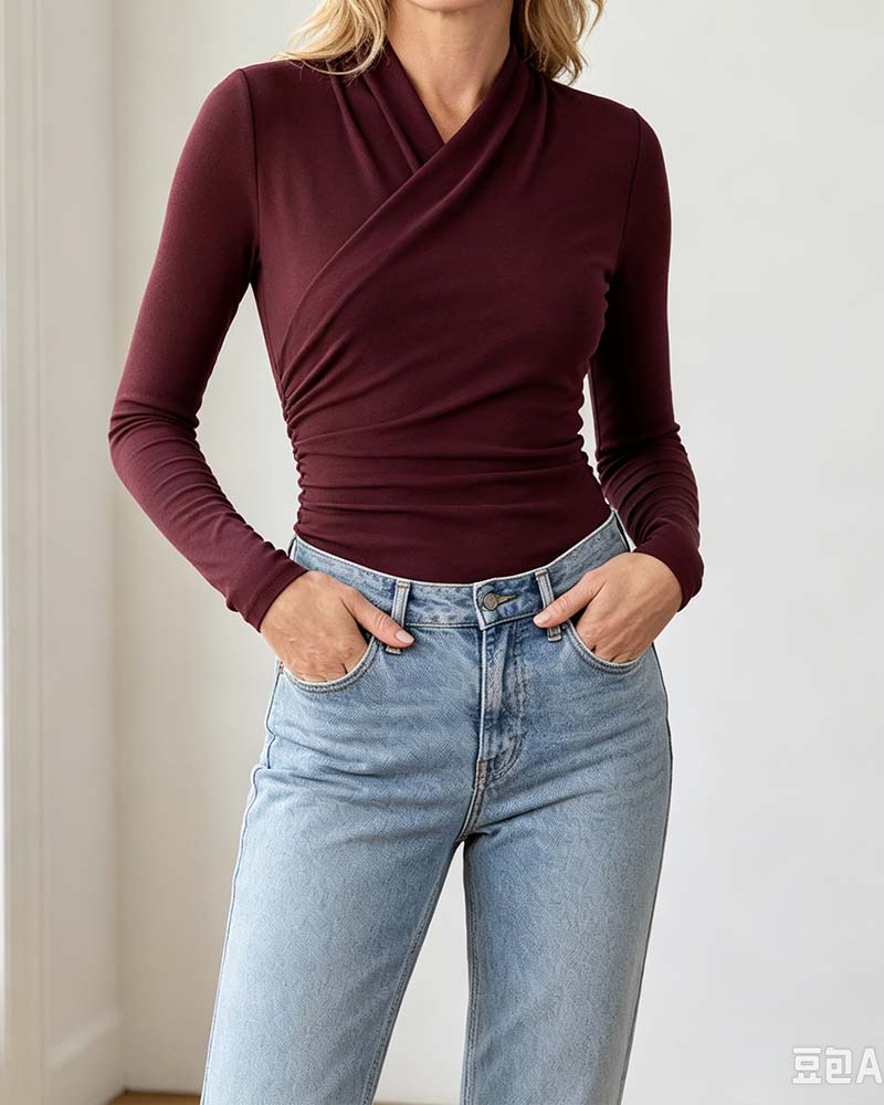Haut Croisé Col En V Taille Plissée Manches Longues