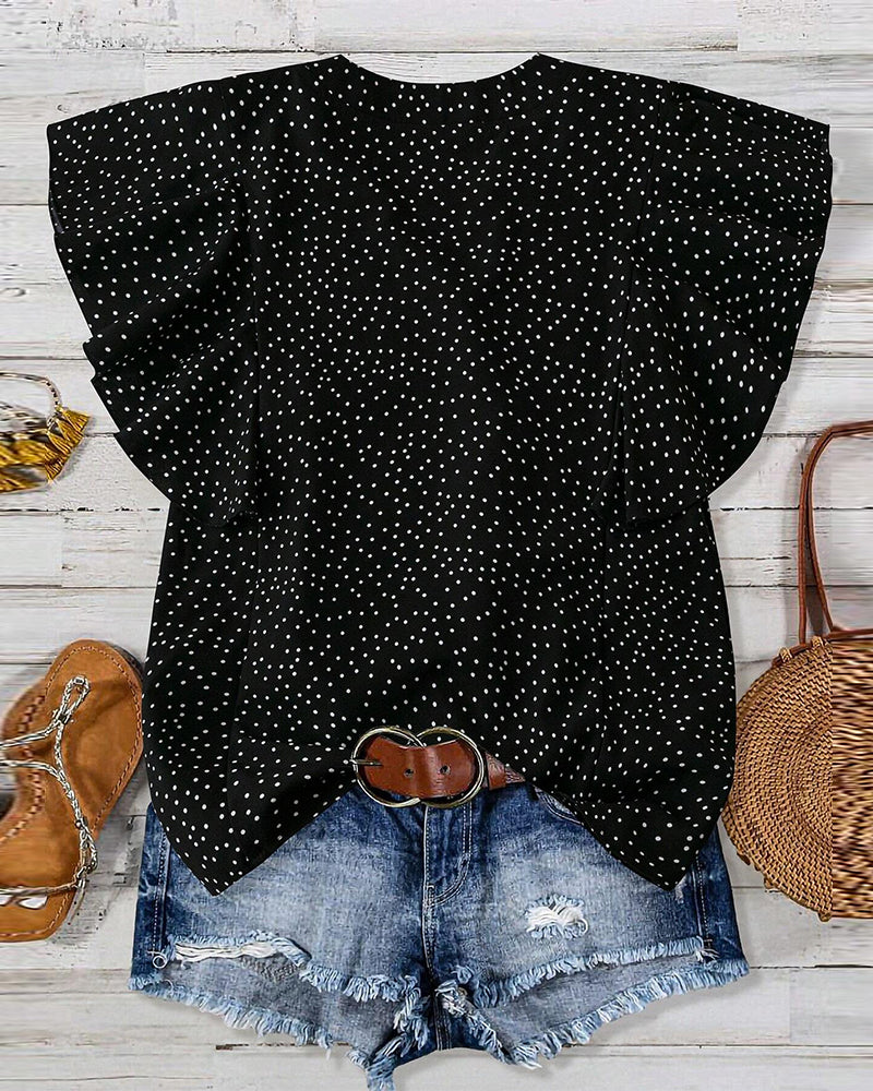 Blouse Manches Volants Col V Pois