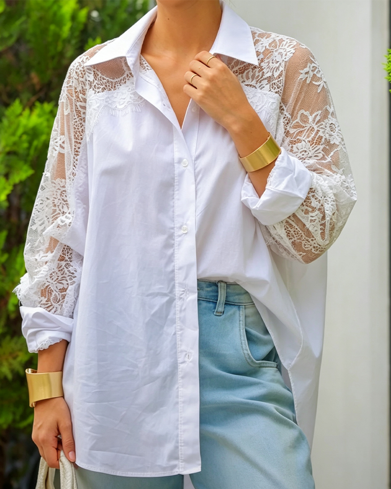 Blouse Dentelle Patchwork Revers Manche Longue