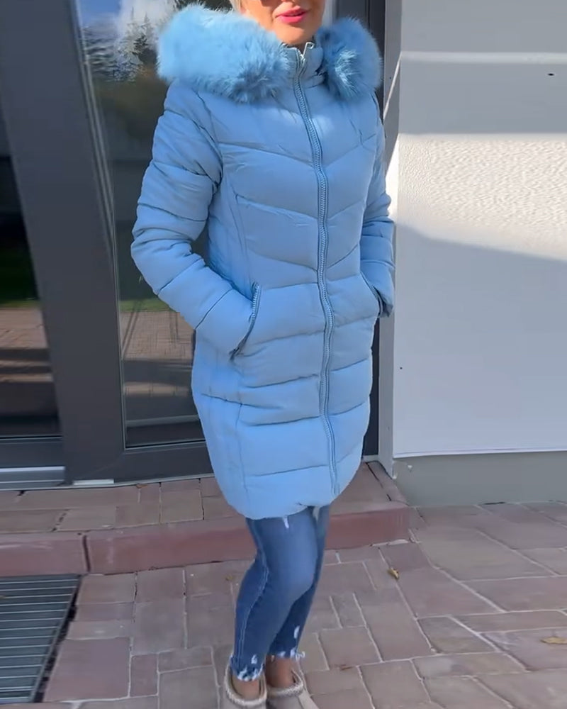 Veste matelassée décontractée à capuche avec poche zippée et couleur unie