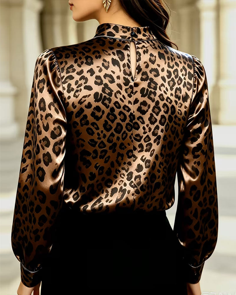 Blouse Col Mock Léopard Contraste Drapé