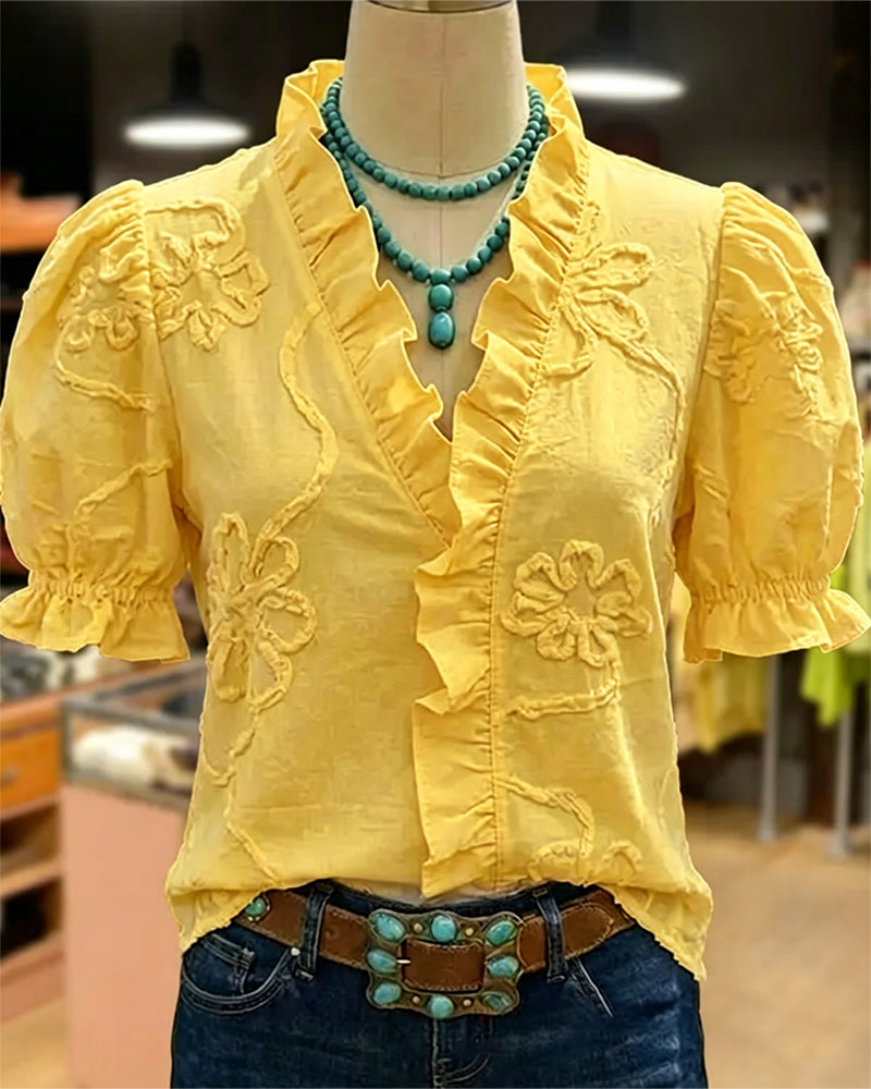Blouse Col En V Bordure Volantée Manche Bouffante