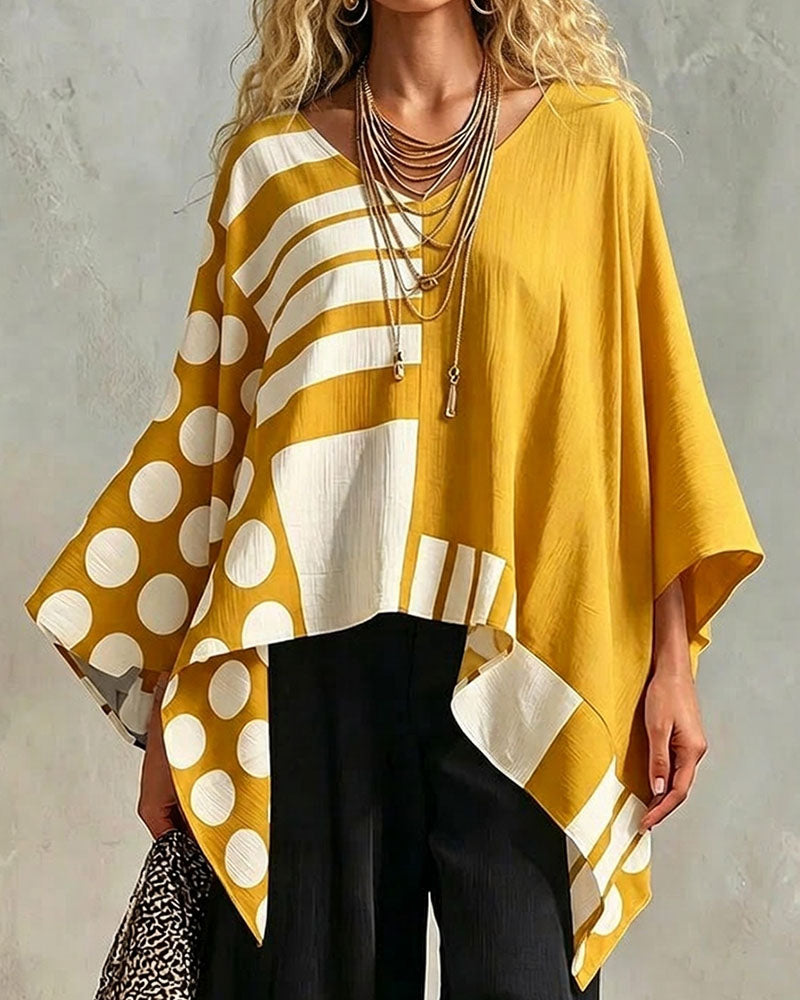 Blouse Polka Dot Rayure Patchwork V Encollure