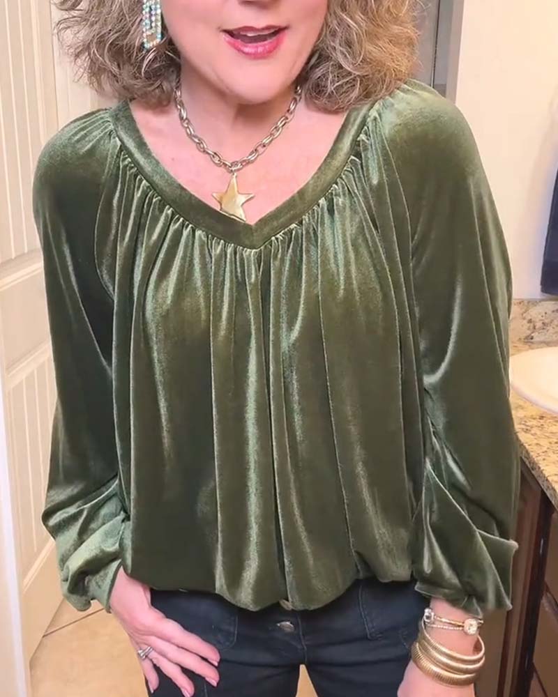 Blouse Col En V Froncée Découpe Manches Longues