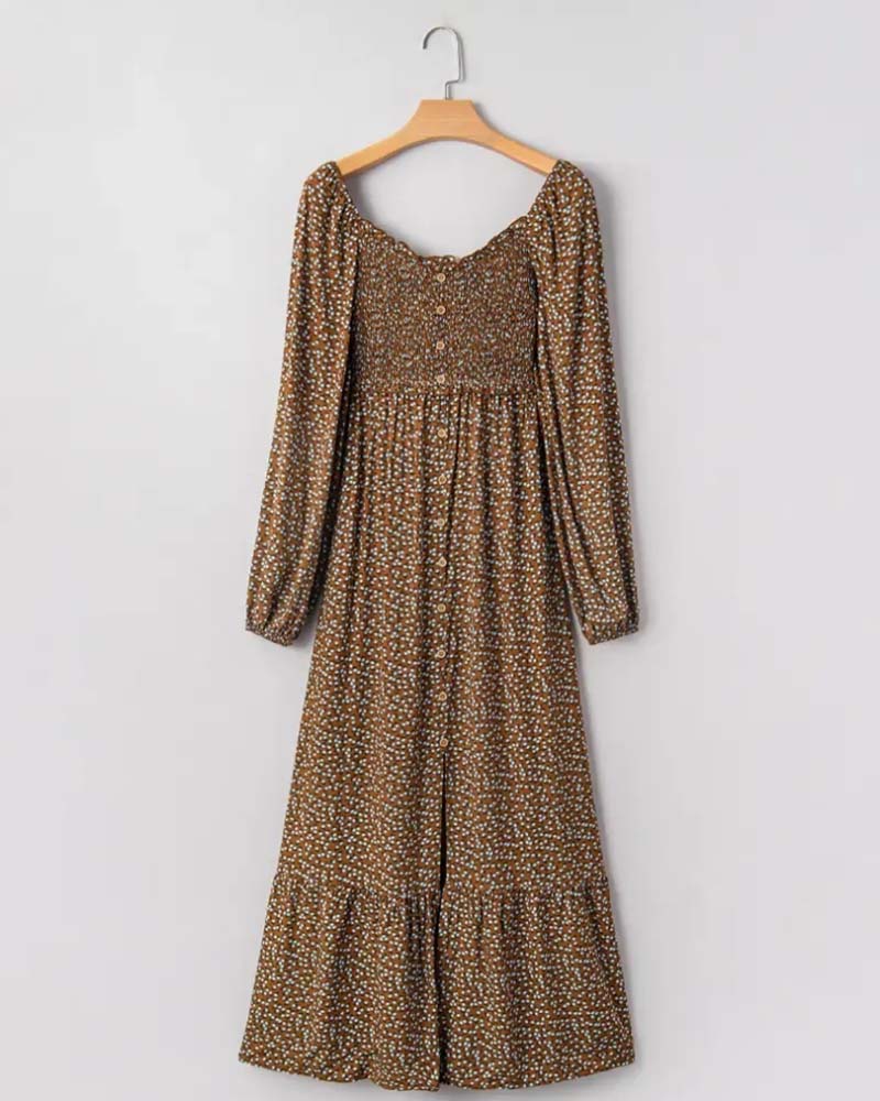 Robe Florale Col Carré Manche Longue Maxi