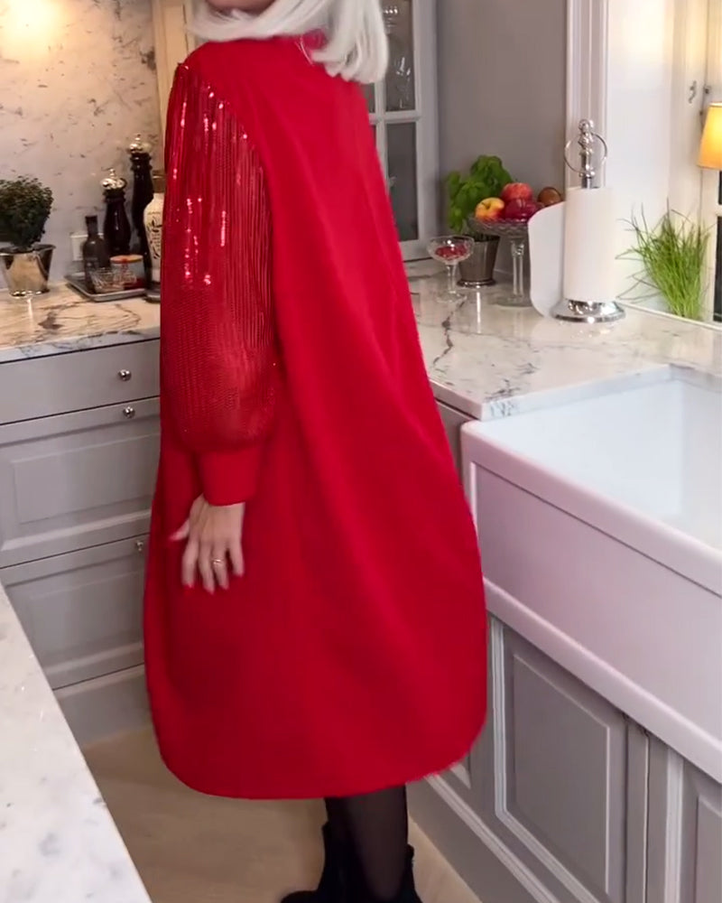 Robe à manches longues en patchwork de sequins de couleur unie à la mode