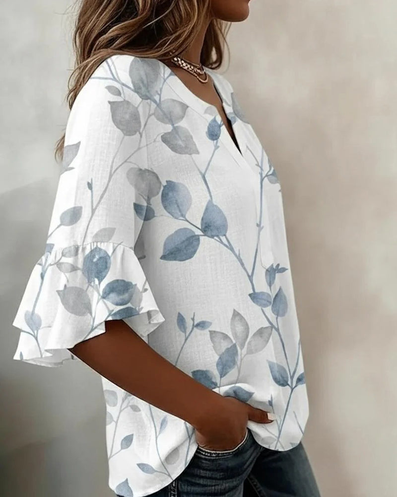 Blouse Volant Évasé Manche Feuille Imprimé