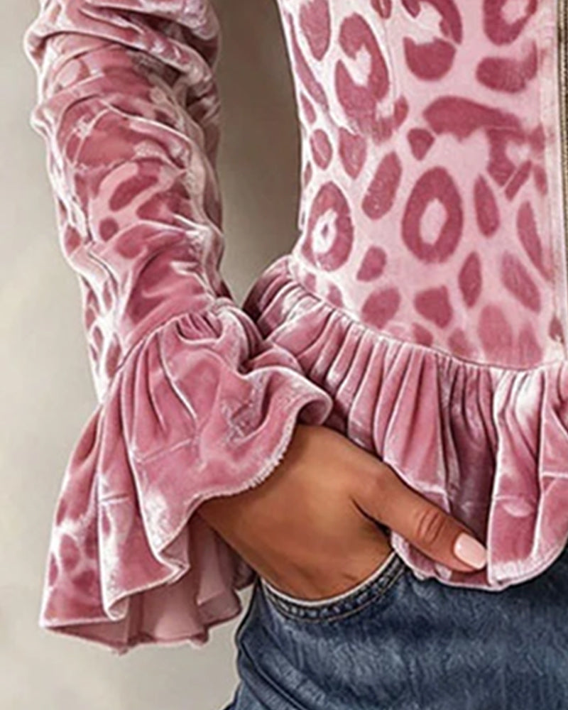 Manteau Volanté Imprimé Léopard Manche Bouffante Velours