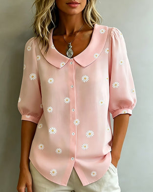 Blouse Décontractée À Fleurs Manches Bouffantes