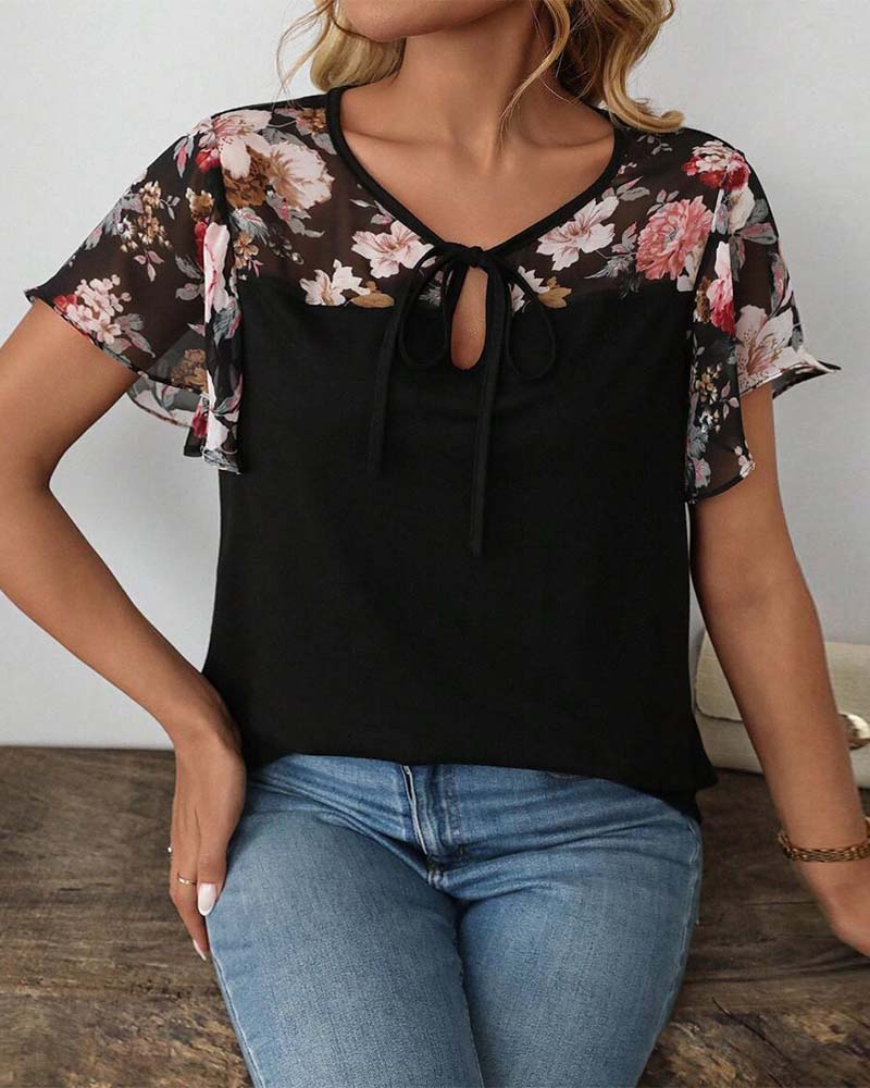Blouse À Manches Courtes Lacets Imprimée