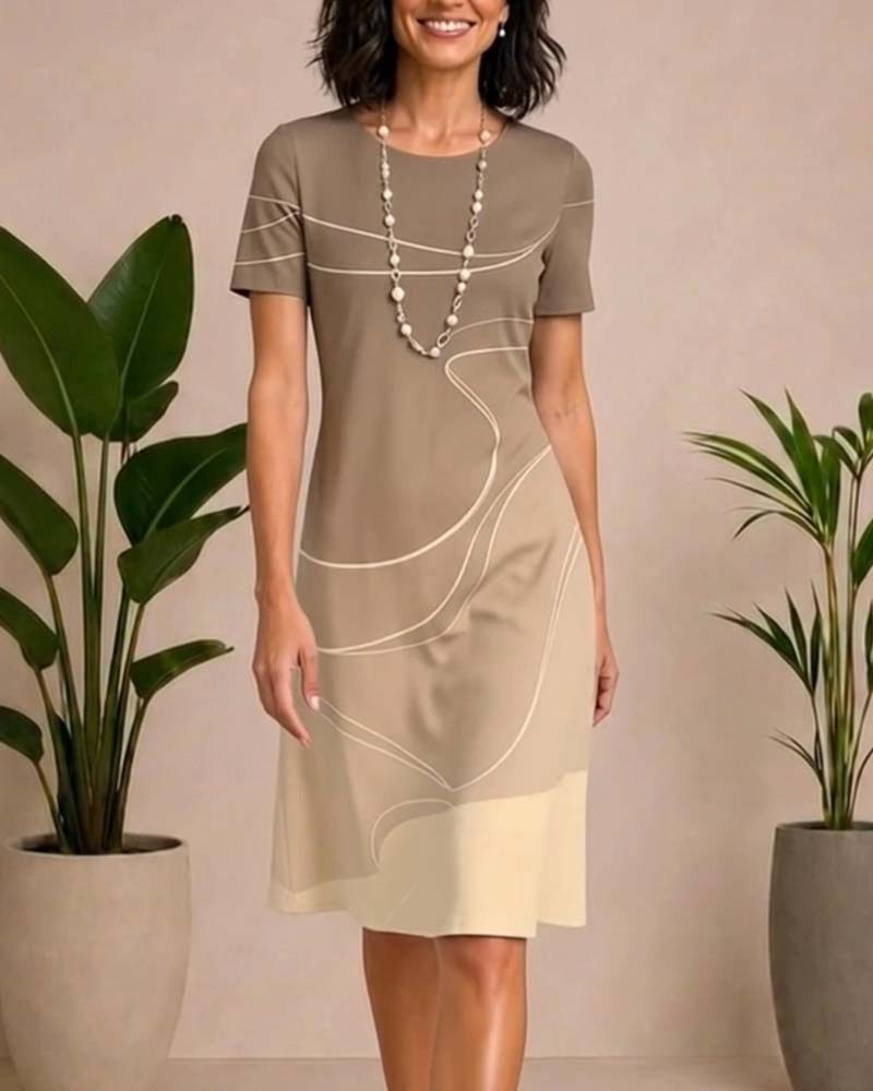 Robe Encolure Ronde Ligne Imprimé Contrastant A-Ligne