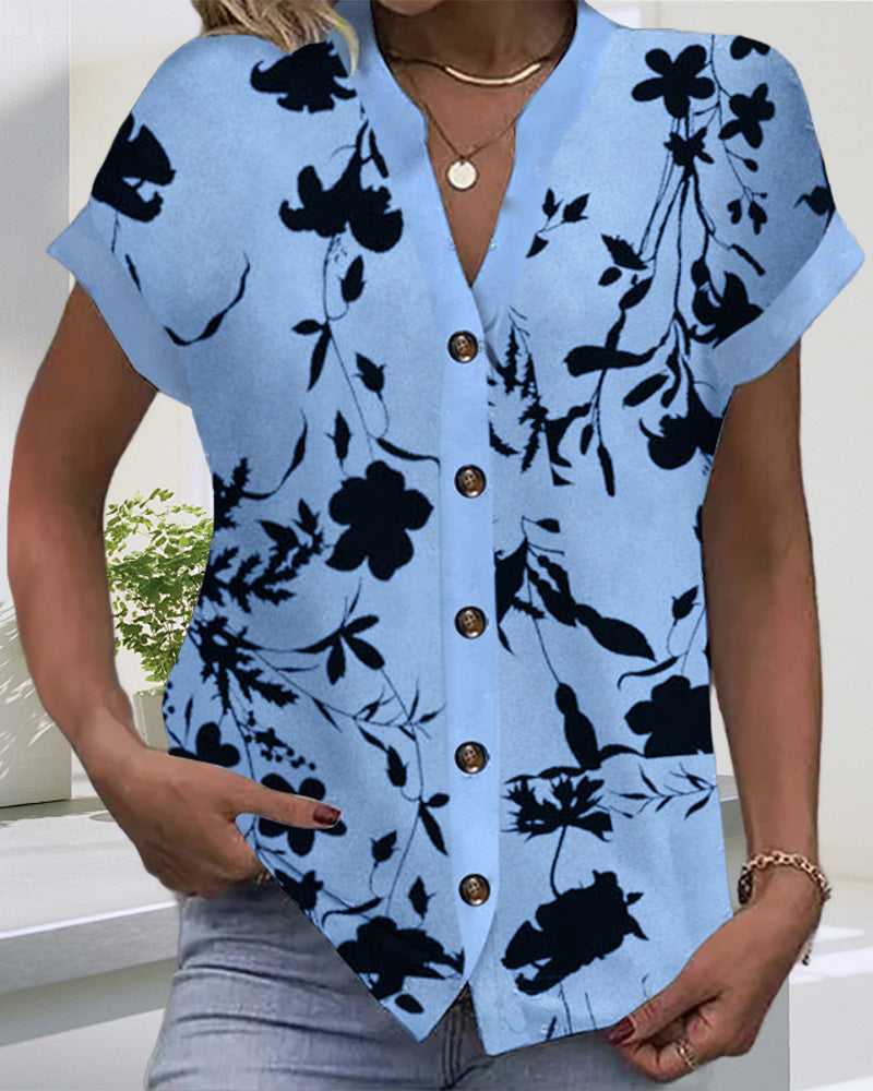 Chemise décontractée imprimée col en V à manches courtes
