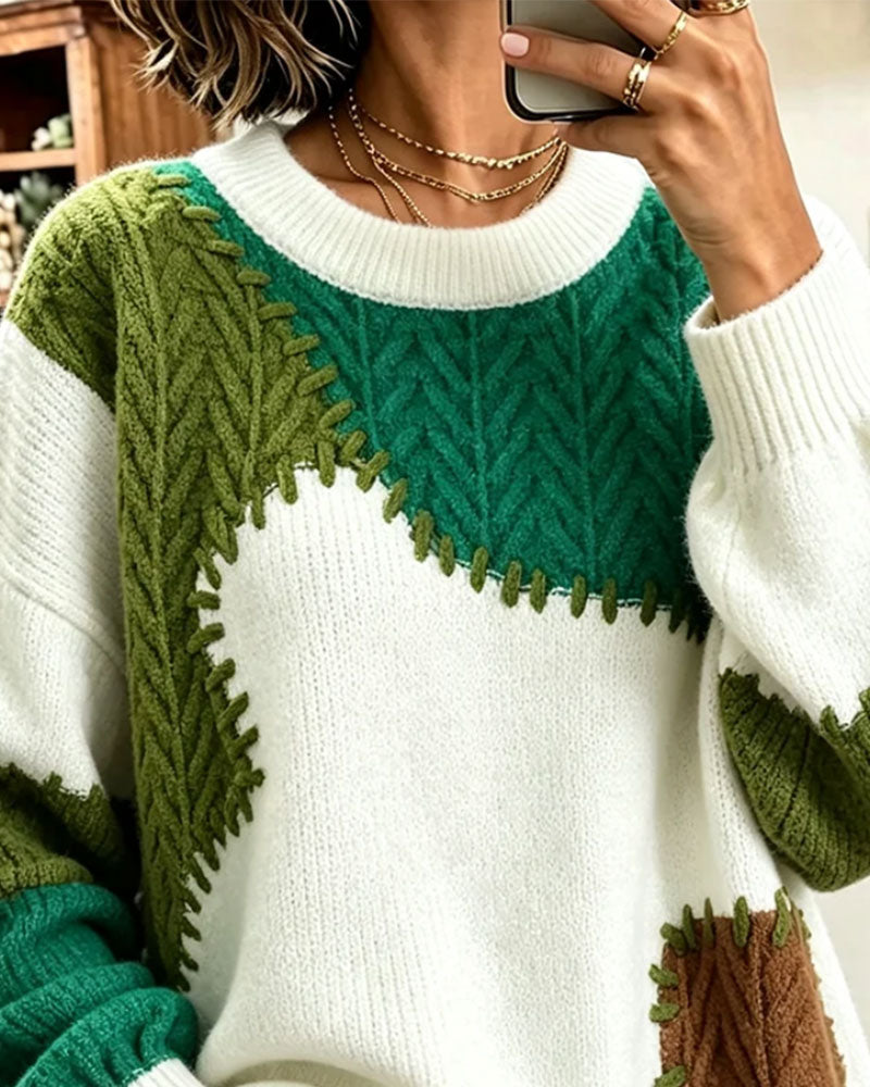Pullover Col Rond Contrastant Épaule Tombante Patchwork