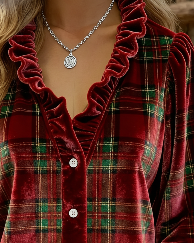 Top Avec Détails En Volants, Design à Col V Et Tissu En Velours