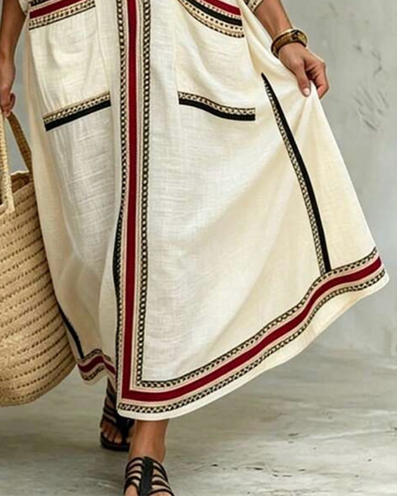 Robe Maxi Décontractée Col V Rayée