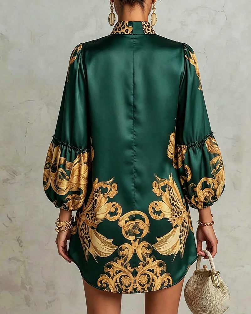 Robe Léopard Manche Lanterne Col Montant Imprimé