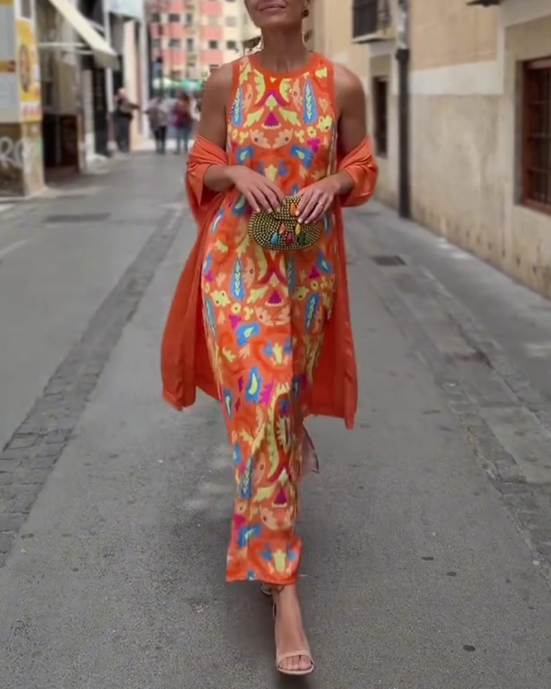 Ensemble Robe Longue Sans Manches Avec Long Cardigan