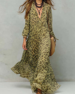 Robe Col En V Manches Longues Léopard Maxi