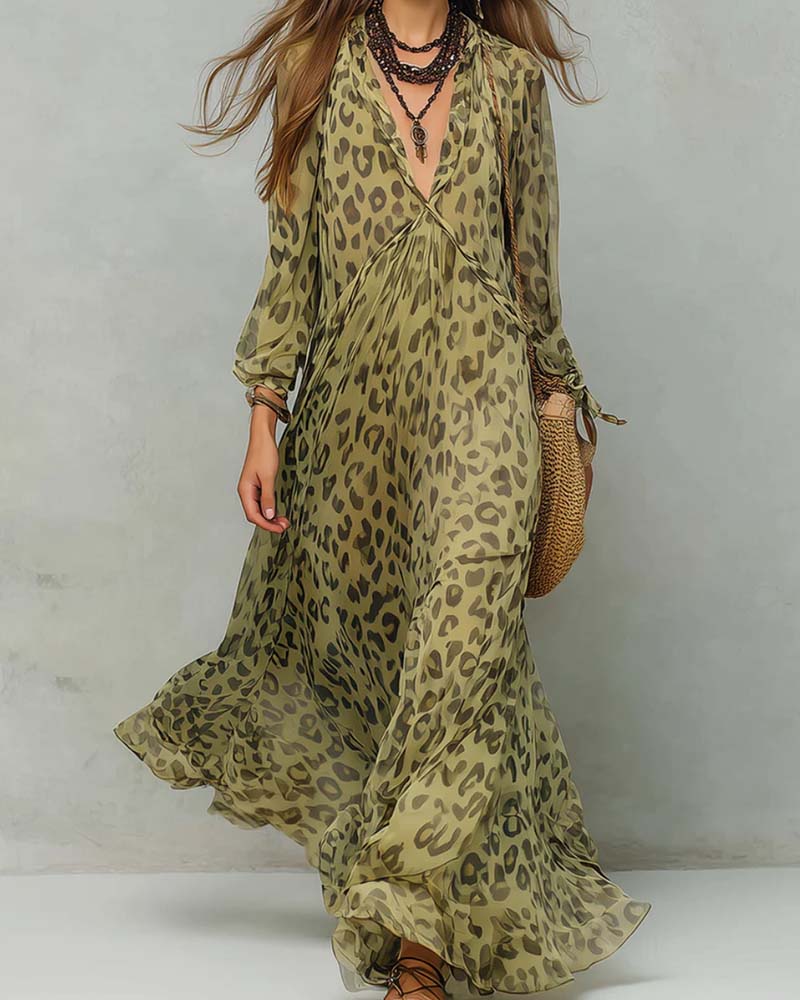 Robe Col En V Manches Longues Léopard Maxi