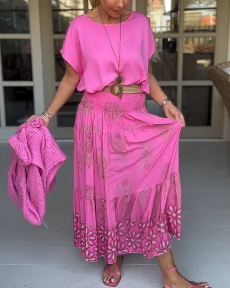 Jupe à empiècements fleuris et plis