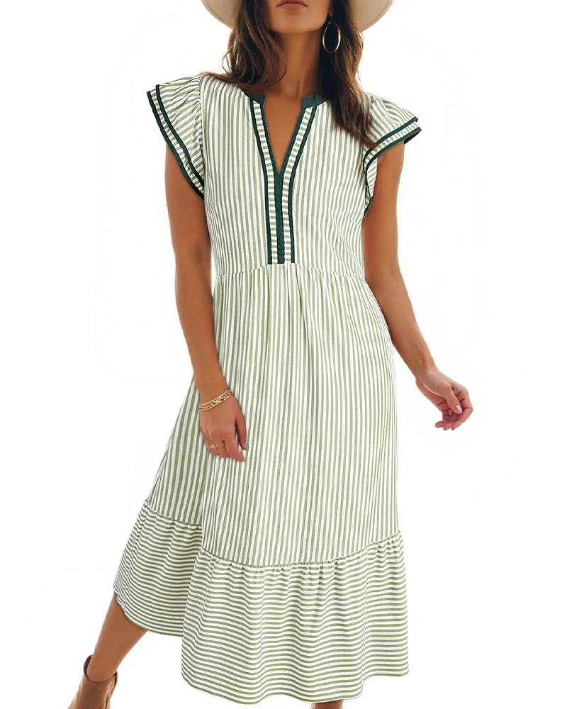Robe Rayée Double Volant Manches Courtes