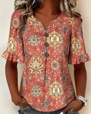 Blouse Imprimé Ethnique Manche Volantée
